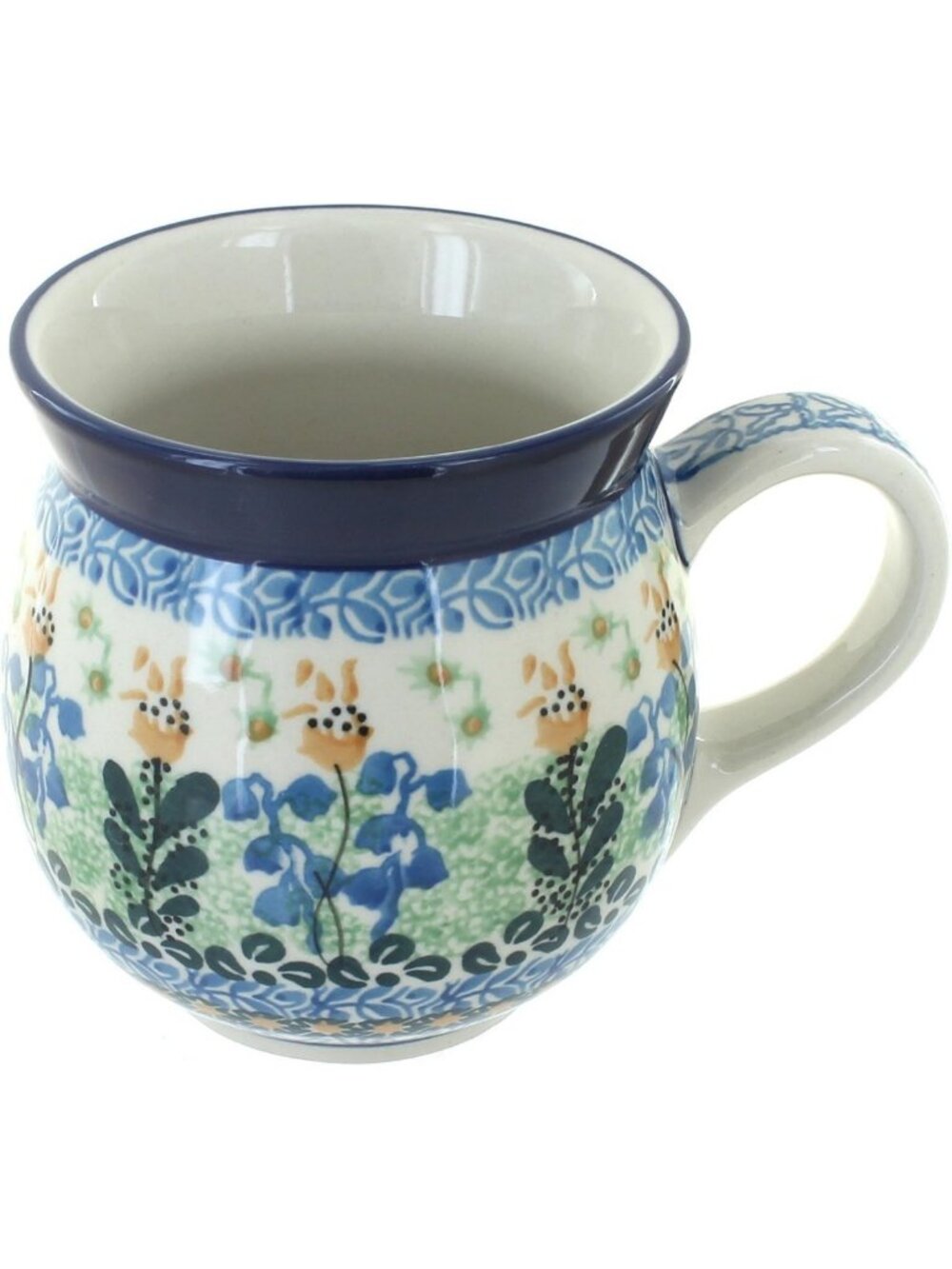 Unique 16 oz Bubble Mug - Blue Rose Polish Pottery with Yellow Lily Design for